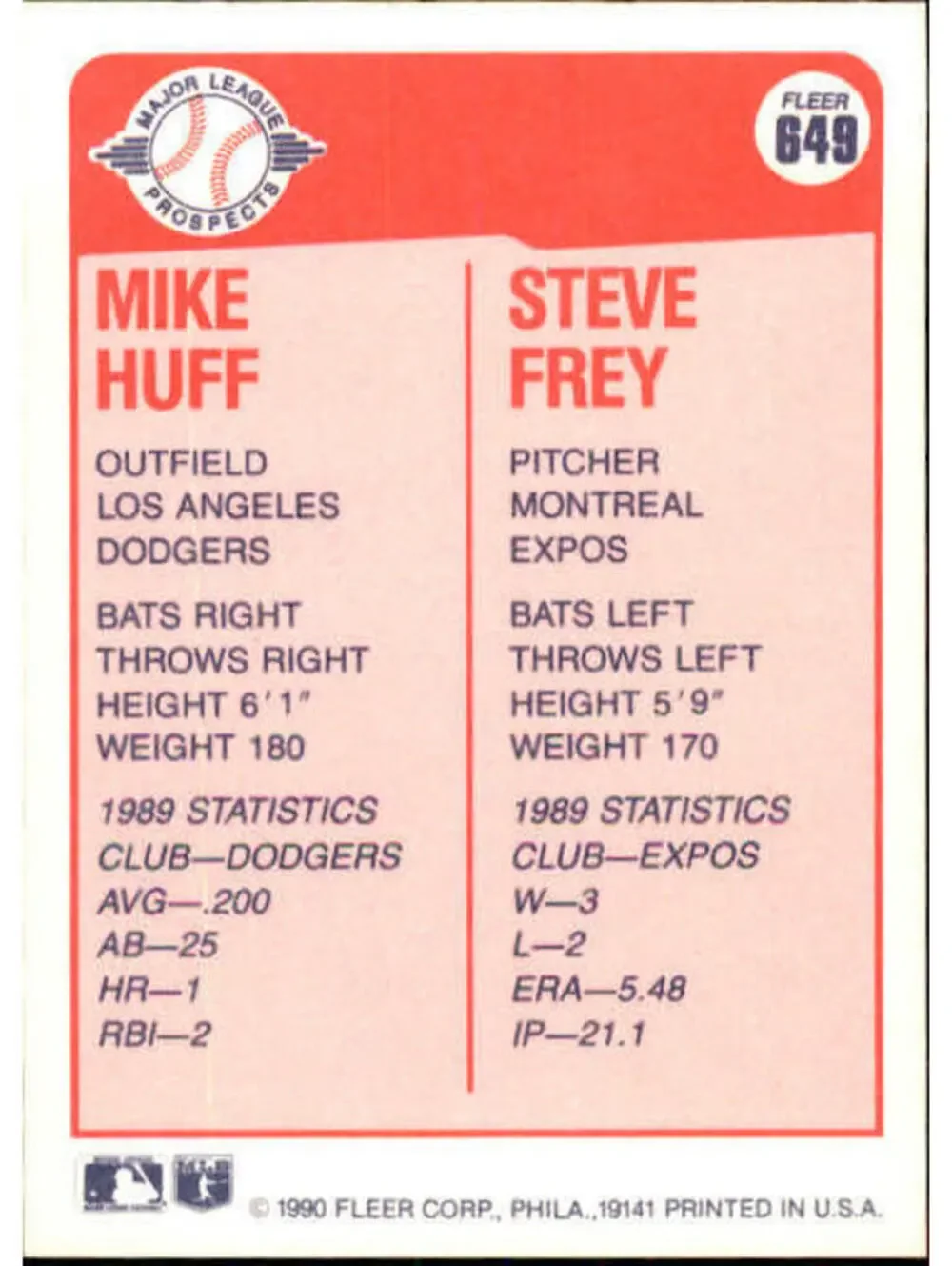 1990 Mike Huff / Steve Frey Fleer Baseball Card #649